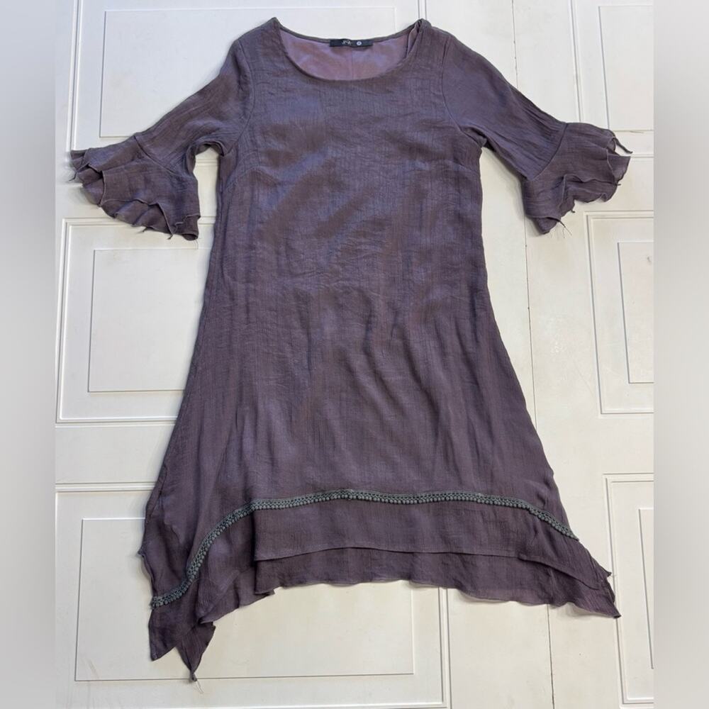 Aria Women’s Sz M Silk Cotton Asymmetrical Hem Bell Sleeve Gray Dress